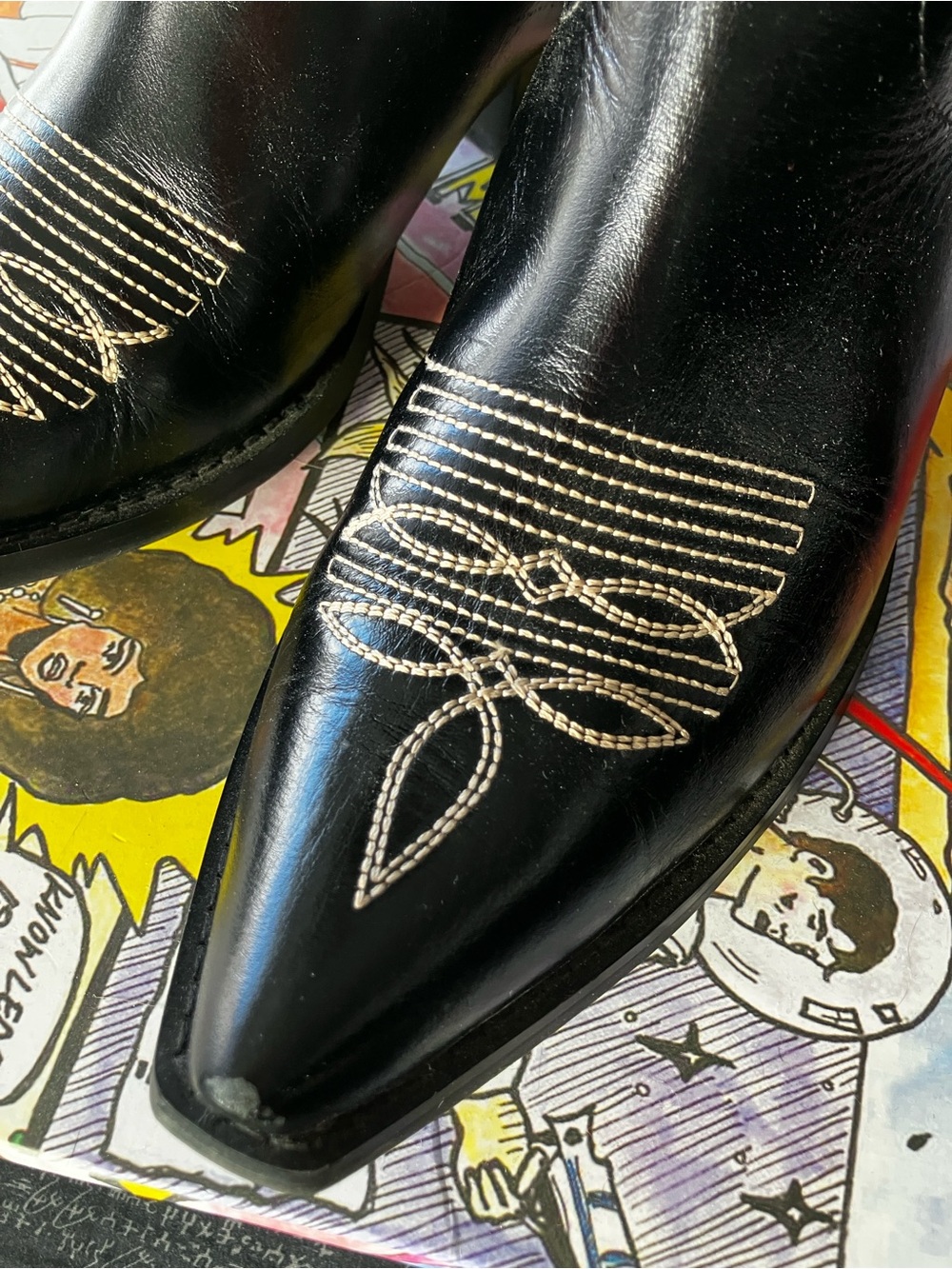 Jeffrey Campbell Black Cowboy Boots with White Spider Web Stitching - Picture 7 of 10
